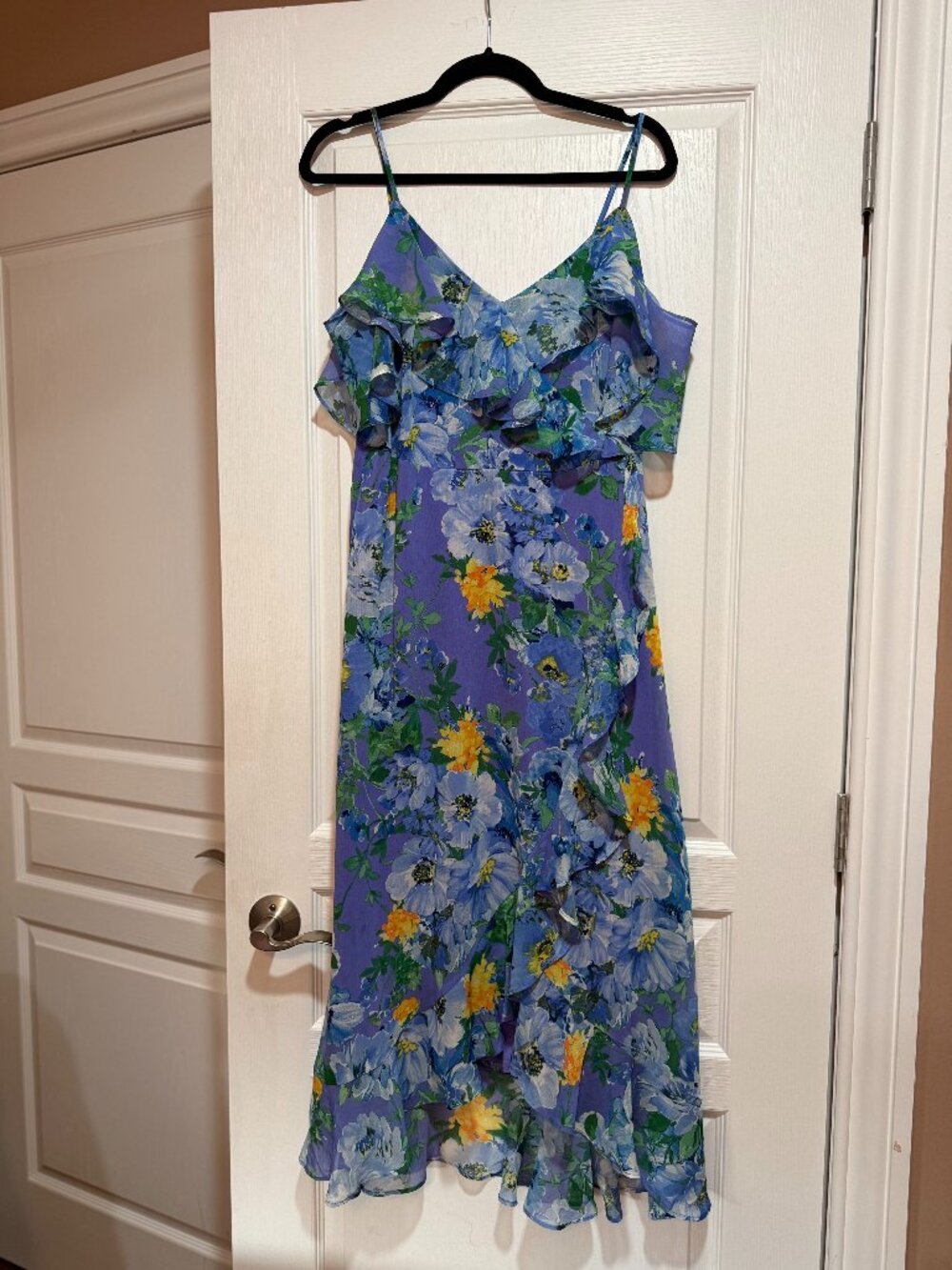 Maggy London Petite 12P Purple Floral Ruffle Midi Dress Wedding Guest